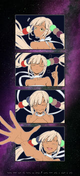 1girl 4koma puff_of_air bare_shoulders blonde_hair breasts choker cleavage closed_eyes comic commentary dark-skinned_female dark_skin english_commentary fingersmile frown hair_ornament highres hololive hololive_english index_finger_raised large_breasts medium_breasts morse_code open_mouth planet_hair_ornament sidelocks silent_comic smile solo space taka_t tsukumo_sana tsukumo_sana_(1st_costume) twintails v-shaped_eyebrows virtual_youtuber white_choker yellow_eyes