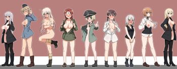 Rule 34 | 6+girls, ahoge, black thighhighs, blonde hair, blue eyes, blue shirt, blush, bottomless, brave witches, breasts, breasts out, brown eyes, brown hair, closed eyes, closed mouth, collarbone, covering privates, cross, edytha rossmann, embarrassed, erica hartmann, full body, gertrud barkhorn, glasses, gloves, green eyes, green shirt, gundula rall, hand on own hip, hanna-justina marseille, hat, heidimarie w. schnaufer, heinrike prinzessin zu sayn-wittgenstein, iron cross, large breasts, long hair, looking at viewer, military uniform, minna-dietlinde wilcke, multiple girls, navel, nipples, no bra, no panties, one eye closed, panties, pointing, pointing at viewer, red eyes, red hair, shirt, short hair, simple background, sleeveless, small breasts, smile, strike witches, thighhighs, twintails, underwear, waltrud krupinski, white hair, white panties, white shirt, wink, world witches series, yohijikon