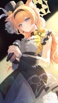 1girl animal_ear_fluff animal_ears black_choker black_hairband black_hat black_skirt blue_archive blue_eyes cat_ears cat_girl choker closed_mouth commentary deca_purio earrings extra_ears flower grey_shirt hairband halo hat hat_feather hat_flower high-waist_skirt highres holding holding_microphone idol jewelry long_hair looking_at_viewer mari_(blue_archive) mari_(idol)_(blue_archive) microphone mini_hat mini_top_hat official_alternate_costume official_alternate_hairstyle orange_hair shirt skirt smile solo top_hat wrist_cuffs yellow_flower yellow_halo