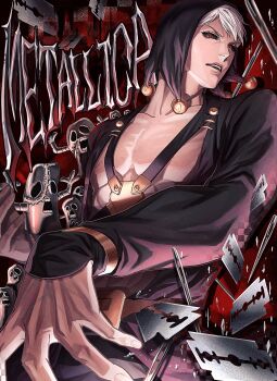 1boy belt black_coat black_hood black_sclera bracelet brown_belt character_name coat colored_sclera commentary_request gold_bracelet highres hood hood_up jewelry jojo_no_kimyou_na_bouken long_sleeves looking_at_viewer male_focus metallica_(stand) open_mouth parted_lips pectorals pur_ple02imo razor_blade red_eyes risotto_nero solo stand_(jojo) teeth upper_teeth_only vento_aureo white_hair