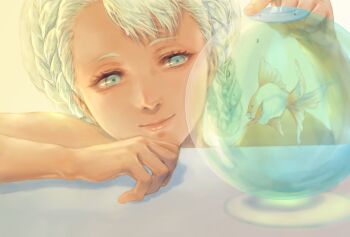 Rule 34 | 1girl, blue eyes, braid, braided hair rings, chuchumy, dark-skinned female, dark skin, fish, fishbowl, goldfish, grey eyes, grey hair, gundam, gundam g no reconguista, hair rings, highres, raraiya monday, simple background, smile, solo, takeda yuuko, twin braids