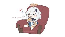 1girl animated blue_eyes bright_pupils chair chibi commentary_request eating english_text female_focus food full_body genshin_impact grey_hair hair_between_eyes hair_ornament halo hand_up holding holding_food long_sleeves medium_hair musical_note official_art on_chair paimon_(genshin_impact) romper sitting solo tagme twitter_username video white_footwear white_pupils white_romper