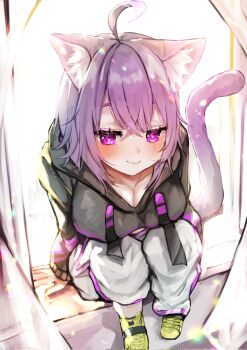 1girl animal_ears black_hoodie blush breasts cat_ears cat_girl cat_tail cleavage closed_mouth commentary_request highres hololive hood hoodie large_breasts nekomata_okayu nekomata_okayu_(1st_costume) pants purple_eyes purple_hair purple_tail short_hair sitting smile solo tail virtual_youtuber white_pants yuzuno_wagiri