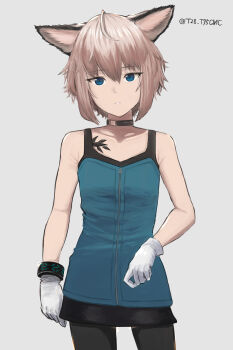 1girl absurdres ahoge animal_ears arknights artist_name bare_shoulders black_pantyhose blue_eyes choker collarbone commentary_request fox_ears fox_girl gloves grey_hair hair_between_eyes highres looking_at_viewer moon-of-scarlet pantyhose short_hair simple_background solo sussurro_(arknights) white_gloves