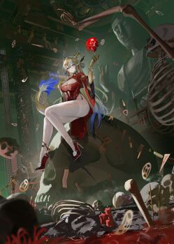 1girl absurdres arknights blood bone bracelet breasts candle ceiling cleavage clothes_between_thighs coin coin_on_string colored_extremities commentary_request dragon_girl dragon_horns dragon_tail dress dutch_angle from_below full_body gradient_hair grey_hair hair_between_eyes hands_up high-waist_pantyhose high_heels highres horns indoors jewelry large_breasts legs long_hair long_sleeves looking_at_viewer multicolored_hair object_floating_above_hand ofuda ofuda_on_head pantyhose parted_lips pelvic_curtain pillar pointy_ears print_dress red_dress sabou_san-shitsu_kokoro see-through_cleavage see-through_clothes shu_(arknights) sitting skeleton skull solo statue tail talisman tassel thighband_pantyhose thighs very_long_hair white_pantyhose wide_sleeves