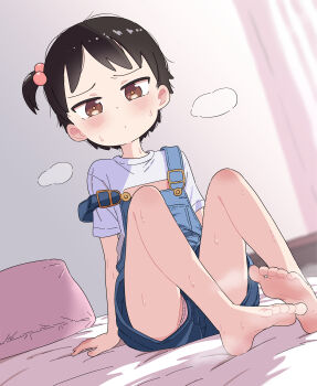 1girl absurdres barefoot black_hair brown_eyes commentary feet flat_chest hair_bobbles hair_ornament highres ichigo_mashimaro itou_chika leims_(urje8584) loli overalls panties pink_panties shirt short_hair sitting solo underwear