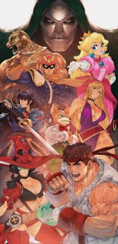 3girls 5boys absurdres armor b._jenet belt biceps black_choker black_hair blonde_hair blue_dress blue_eyes blue_hair boots breasts brown_hair capcom cape captain_falcon choker cleavage company_connection crossed_arms crossover crown david_liu doctor_doom dougi dress earrings elbow_gloves electric_guitar f-zero facial_hair falchion_(fire_emblem) fatal_fury fighting_stance fingerless_gloves fire_emblem fox_mccloud furry furry_male gloves green-tinted_eyewear green_eyes guilty_gear guitar hat headband helmet highres holding holding_sword holding_weapon hood hood_up i-no instrument jacket jewelry karate_gi king_(tekken) large_breasts lipstick long_hair looking_at_viewer luchador_mask makeup mario_(series) marth_(fire_emblem) martial_arts_belt marvel_vs._capcom mask metal_mask mole mole_above_mouth mole_under_mouth multiple_boys multiple_crossover multiple_girls muscular muscular_male nintendo no_bra open_mouth pink_dress pink_lips princess_peach puffy_sleeves purple_dress purple_eyes red_headband ryu_(street_fighter) salute shirt short_hair smile snk sphere_earrings star_fox street_fighter super_smash_bros. sword tekken thigh_boots tinted_eyewear weapon white_gloves witch_hat