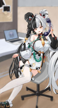 1girl absurdres bare_shoulders black_hair braid breasts chair computer detached_sleeves dialyn_(zenless_zone_zero) gang_ryeol highres laptop medium_breasts multicolored_hair office_chair phone smile solo split-color_hair swivel_chair thighhighs twin_braids white_hair white_thighhighs yellow_eyes zenless_zone_zero