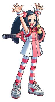 Rule 34 | 1girl, :d, \o/, arms up, ball, black hair, blush stickers, bow, dress, edaki shin'ya, full body, game cg, hair bow, highres, horizontal-striped thighhighs, justice gakuen, karuizawa momo, long hair, looking at viewer, moero! justice gakuen, multiple hair bows, non-web source, official art, open mouth, outstretched arms, racket, shoes, simple background, smile, sneakers, solo, standing, striped clothes, striped sweatband, striped thighhighs, tennis, tennis ball, tennis racket, thighhighs, transparent background, twintails, white background