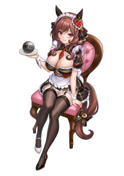 1girl animal_ears apron black_dress black_thighhighs bow braid braided_hair_rings breasts brown_hair carrot chair cleavage cleavage_cutout clothing_cutout dress ear_covers garter_straps gentildonna_(umamusume) hair_between_eyes hair_ornament hair_rings hashtag-only_commentary heart-shaped_ornament heart_ear_ornament high_heels highres holding holding_plate horse_ears horse_girl horse_tail large_breasts long_hair looking_at_viewer maid maid_apron maid_headdress metal_ball mismatched_shoes necktie parted_lips plate red_eyes red_necktie simple_background sitting smile solo strong tail tail_bow tail_ornament thighhighs translated umamusume vococo waist_apron whipped_cream white_apron white_background white_headdress white_wrist_cuffs wrist_cuffs