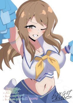 1girl ;d aizawa_kazuha aizawa_kazuha_(cosplay) arm_strap arm_up artist_name assault_lily blue_skirt blush breasts brown_hair cheerleader cleavage collarbone commentary_request cosplay cowboy_shot crop_top dated grey_eyes grin hair_ornament hand_up holding holding_pom_poms iijima_renka ishitsuma_canon large_breasts long_hair looking_at_viewer low_side_ponytail midriff navel neckerchief one_eye_closed open_mouth paid_reward_available pom_pom_(cheerleading) pom_poms shirt shoes side_ponytail signature simple_background skirt sleeveless sleeveless_shirt smile solo standing standing_on_one_leg star_(symbol) star_hair_ornament stomach v-shaped_eyebrows watermark white_background white_shirt white_shoes wristband yellow_neckerchief