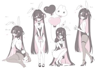 1girl animal_balloon animal_ears ass balloon black_gloves black_hair black_leotard black_shoes black_shrug bound bound_wrists closed_mouth colored_inner_hair commentary_request fake_animal_ears fake_tail gloves grey_pantyhose hair_ornament hair_over_one_eye heart heart_balloon high_heels highres leotard long_hair looking_at_viewer multicolored_hair multiple_views one_eye_covered original pantyhose parted_bangs parted_lips pink_eyes pink_streaks playboy_bunny rabbit_balloon rabbit_ears rabbit_tail shoes short_sleeves shrug_(clothing) simple_background sitting smile squatting standing strapless strapless_leotard streaked_hair tail thighband_pantyhose v_arms very_long_hair wariza white_background white_wrist_cuffs wrist_cuffs x_hair_ornament yu_o015