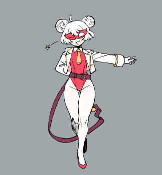 1girl :3 arm_behind_back belt collared_leotard commentary cropped_jacket domino_mask double_bun english_commentary eye_mask fake_tail flat_chest gloves hair_bun highleg highleg_leotard highres jacket kaibootsu leotard long_belt long_sleeves looking_at_viewer mario_(series) mask ms._mowz necktie nintendo one_eye_closed open_mouth pantyhose paper_mario paper_mario:_the_thousand-year_door personification red_leotard red_mask red_shoes shoes short_hair short_necktie smile solo star_(symbol) tail white_gloves white_hair white_jacket white_pantyhose yellow_necktie