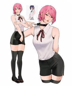 1girl alternate_hairstyle arm_behind_back artist_name black_choker black_shorts black_thighhighs brown_shoes chainsaw_man choker closed_mouth collared_shirt commentary cosplay cropped_legs english_commentary full_body green_eyes grenade_pin hair_bun hand_on_own_arm haruno_sakura highres looking_at_viewer multiple_views naruto_(series) neck_ribbon official_art_inset parted_lips penny_loafers pink_hair red_ribbon reference_inset reze_(chainsaw_man) reze_(chainsaw_man)_(cosplay) ribbon shirt shoes shorts side_slit side_slit_shorts simple_background single_hair_bun sleeveless sleeveless_shirt standing swept_bangs teeth tenartistt thighhighs very_low_bun watermark white_background white_shirt