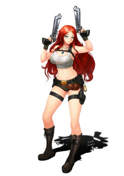 1girl absurdres ah-lyong_lee blue_eyes boots breasts cosplay dual_wielding female_focus full_body gun handgun highres holding holster jewelry knee_boots lace-up_boots lara_croft lara_croft_(cosplay) large_breasts league_of_legends long_hair midriff miss_fortune_(league_of_legends) navel necklace pistol red_hair short_shorts shorts signature smile solo standing tank_top thigh_holster tomb_raider torn_clothes weapon