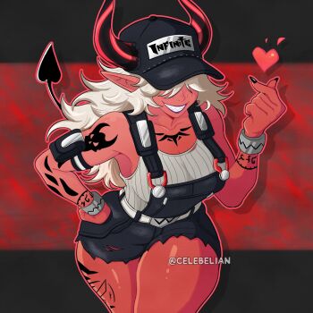 Rule 34 | 1girl, arm tattoo, artist name, baseball cap, black hat, black nails, black overalls, breasts, celebelian, chest tattoo, colored skin, commentary, commission, cowboy shot, curvy, demon girl, demon horns, demon tail, desdemona (fortnite), english commentary, finger heart, fingernails, fortnite, grin, hair over eyes, hand up, hat, heart, highres, horns, large breasts, long hair, multiple tattoos, overalls, pointy ears, red background, red skin, sharp teeth, shirt, sleeveless, sleeveless shirt, smile, solo, tail, tattoo, teeth, thick thighs, thighs, white hair, white shirt