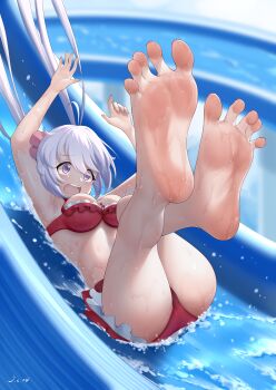 1girl absurdres ass barefoot bikini feet feet_up foot_focus highres j.c.14 long_hair open_mouth purple_eyes senki_zesshou_symphogear slide soles swimsuit toes water water_slide white_hair yukine_chris