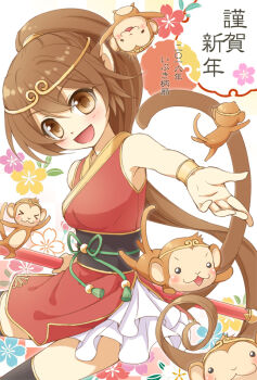 1girl animal animal_ears armpits blush bracelet brown_eyes brown_hair chinese_zodiac dress headpiece holding holding_staff ibuki_ena japanese_clothes jewelry long_hair looking_at_viewer monkey monkey_ears monkey_girl monkey_tail new_year obi offering_hand open_mouth original ponytail reaching reaching_towards_viewer sash short_dress sleeveless sleeveless_dress smile solo staff tail thighhighs translation_request very_long_hair year_of_the_monkey