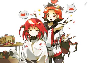 1girl 1other :o ? absurdres androgynous bangs_pinned_back black_bow black_shirt black_shorts bottle bow box commentary_request confused cowboy_shot crab crown cutting_hair favnvs_(s910a_ib6) forehead gold_crown hair_bow hair_dryer half-closed_eyes happy heikegani_serene highres holding holding_scissors japanese_clothes kimono len&#039;en long_sleeves looking_ahead looking_at_another medium_hair multiple_others ooya_kunimitsu open_mouth parted_lips red_eyes red_hair scar scar_across_eyebrow scar_on_face scissors shelf shirt short_kimono shorts simple_background sitting smile sparkle speech_bubble spoken_animal spoken_question_mark standing teeth thought_bubble touhou towel turtleneck turtleneck_shirt two-tone_bow unworn_crown unworn_veil upper_teeth_only veil white_background white_bow white_kimono white_veil wide_sleeves wonderful_waking_world