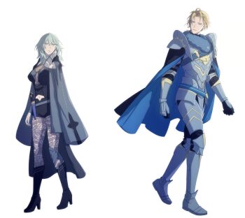 Rule 34 | 1boy, 1girl, absurdres, armor, armored boots, black boots, black gloves, black shorts, blonde hair, blue cape, boots, breasts, brown pantyhose, cape, clothing cutout, dagger, dimitri alexandre blaiddyd, female byleth (awakened) (fire emblem), female byleth (fire emblem), fire emblem, fire emblem: three houses, fire emblem warriors: three hopes, from side, full body, gloves, green eyes, green hair, grey armor, highres, karini, knee boots, knife, looking at another, looking back, medium hair, navel cutout, nintendo, official alternate hair color, pantyhose, short hair, shorts, shoulder armor, walking, weapon