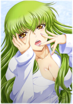 1girl border breasts c.c. cleavage code_geass collarbone commentary_request green_hair hands_on_own_face highres kaname_aomame lips long_sleeves looking_at_viewer medium_breasts open_mouth pink_nails shirt solo teeth upper_body white_border white_shirt yellow_eyes