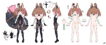 1girl absurdres animal_ear_fluff animal_ears boots boppin brown_hair cleft_of_venus color_guide commentary commission completely_nude english_commentary flat_chest gloves heterochromia highres indie_virtual_youtuber loli multicolored_hair multiple_views nude nyudachi pussy reference_sheet tail twintails uncensored virtual_youtuber