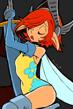 1girl ass blue_eyes closed_eyes dropping emeraldcr02 fairy fairy_wings floral_print gallica_(metaphor:_refantazio) gloves hair_over_one_eye hairband hatching_(texture) highres holding holding_sword holding_weapon leotard metaphor:_refantazio mini_person minigirl nose open_mouth orange_hair pointy_ears short_hair simple_background sweat sweatdrop sword weapon wings