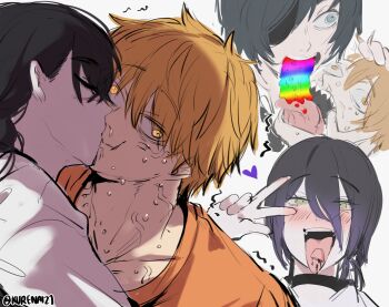 1boy 3girls absurdres black_choker black_hair blonde_hair chainsaw_man choker closed_eyes denji_(chainsaw_man) flashback green_eyes hair_between_eyes highres himeno's_puke_kiss_(meme) himeno_(chainsaw_man) kurenaiz_(kuayrenaiz) long_hair looking_afar looking_at_viewer meme multiple_girls open_mouth orange_shirt reze_(chainsaw_man) sharp_teeth shirt short_hair simple_background sleeveless sleeveless_shirt smile teeth tongue tongue_out twitter_username v veiny_face vomiting_rainbows white_background white_shirt yellow_eyes yoru_(chainsaw_man)