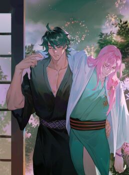 2boys adam&#039;s_apple aerial_fireworks arm_around_shoulder blue_kimono bracelet cherry_blossom_(sk8) closed_eyes closed_mouth collarbone commentary_request drunk fireworks glasses green_hair green_kimono hair_between_eyes hair_over_shoulder highres japanese_clothes jewelry joe_(sk8) kimono long_hair long_sleeves male_focus multiple_boys ncww_rinichi night pectorals pink_hair short_hair sk8_the_infinity star_(sky) v-shaped_eyebrows wide_sleeves yaoi