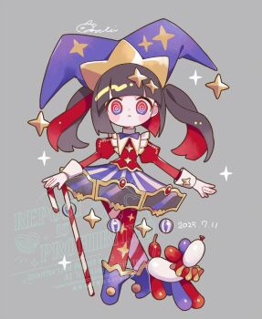 1girl :&lt; @_@ asymmetrical_pantyhose balloon_animal blue_bow blue_bowtie blue_hat blunt_bangs bow bowtie brown_hair candy candy_cane cane circus crossed_legs dated floating floating_object food hat jester jester_cap jester_costume looking_at_viewer mochimura_sorata multicolored_eyes multicolored_hair original puffy_sleeves red_shirt red_streaks shirt signature skirt solo star_(symbol) striped_clothes striped_skirt twintails two-tone_eyes two-tone_hair vertical-striped_clothes vertical-striped_skirt