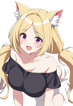 1girl absurdres aki_rosenthal alternate_costume animal_ears black_shirt blonde_hair blush breasts cat_ears commentary highres hololive kemonomimi_mode large_breasts long_hair oota_tomoki open_mouth purple_eyes shirt shorts smile solo twintails very_long_hair virtual_youtuber white_background white_shorts