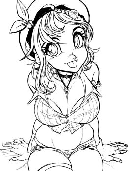 atelier_(series) atelier_ryza bra bra_peek breasts choker cleavage clover clover_hair_ornament crop_top fingerless_gloves flat_cap four-leaf_clover gloves hair_ornament hat highres large_breasts looking_at_viewer midriff navel necklace_between_breasts reisalin_stout short_hair short_shorts shorts sitting sketch teevo thighs underwear