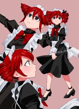 1girl alternate_costume apron black_dress black_eyes black_shoes bow bowtie closed_mouth commentary_request dress drill_hair enmaided highres kasane_teto long_sleeves looking_at_viewer maid maid_apron maid_headdress multiple_views red_bow red_bowtie red_hair shoes skirt_hold tere_douga twin_drills utau waist_apron