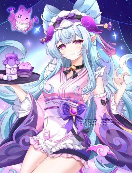 Rule 34 | 1girl, apron, aqua hair, blush, bottle, breasts, closed mouth, commentary request, fandao renren, fingernails, food, frilled apron, frilled sleeves, frills, genshin impact, hair between eyes, hair ornament, highres, holding, holding tray, japanese clothes, kimono, long hair, looking at viewer, maid, maid apron, maid headdress, medium breasts, nihongami, obi bow, pink eyes, pink kimono, pointy ears, purple nails, sleeveless, sleeveless kimono, tail, tray, wa maid, wagashi, white apron, yumemizuki mizuki