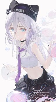 1girl animal_hat bare_arms beanie belt black_belt black_choker black_hat black_nails black_ribbon black_skirt blush bow breasts cat_hat chain charm_(object) choker collared_shirt cropped_shirt ear_piercing from_side full_body green_eyes grey_background grey_hair hair_between_eyes hat highres holster jellyfish kaga_sumire kaga_sumire_(2nd_costume) long_hair looking_at_viewer midriff miniskirt nail_polish nakashima_(pluscolor) necktie open_mouth pendant_choker piercing plaid pleated_skirt purple_necktie ribbon shirt sidelocks simple_background skirt sleeveless sleeveless_shirt small_breasts smile solo standing stomach virtual_youtuber vspo! white_shirt