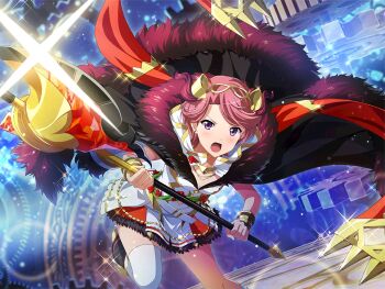 1girl asymmetrical_legwear black_cape bracelet cape dress fur-trimmed_cape fur_trim game_cg gears halberd headpiece holding holding_polearm holding_weapon isurugi_futaba jewelry looking_at_viewer official_art open_mouth polearm purple_eyes red_hair short_hair shoujo_kageki_revue_starlight shoujo_kageki_revue_starlight_-re_live- solo standing standing_on_one_leg strength_(tarot) tarot thighhighs two-handed uneven_legwear v-shaped_eyebrows weapon white_dress white_thighhighs