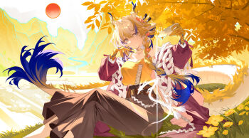 1girl absurdres arknights bare_shoulders black_pants blonde_hair blue_hair camisole chinese_commentary choker closed_mouth colored_extremities commentary_request cup dragon_girl dragon_horns dragon_tail drinking_glass eastern_dragon_horns eastern_dragon_tail elinnasky eyeliner feet_out_of_frame flower fruit_earrings grass hair_between_eyes hair_flower hair_ornament hands_up highres holding holding_cup horns long_hair looking_at_viewer makeup multicolored_hair official_alternate_costume on_ground orange_eyeliner orange_pupils outdoors pants pointy_ears pouring sakazuki shu_(arknights) shu_(spring_feast)_(arknights) sitting smile solo sun tail yellow_camisole yellow_choker yellow_flower yellow_hands yellow_leaves