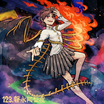1girl asymmetrical_wings barefoot black_background black_skirt breasts brown_hair brown_mask buttons character_name commentary_request diamond_button eye_mask fire flying fossilized_wonders half_eye_mask hand_up holding holding_mask iwanaga_ariya long_sleeves looking_at_viewer mask medium_breasts meimaru_inuchiyo numbered open_mouth red_eyes shirt short_hair skeletal_wings skirt smile solo teeth torii torn_clothes torn_shirt touhou white_shirt wings