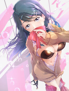 1girl blue_hair bow breasts brown_sweater clear_glass_(mildmild1311) cleavage clothes_pull fire_emblem from_above hair_ornament hairclip highres large_breasts long_sleeves looking_at_viewer looking_up navel nintendo open_clothes open_shirt oribe_tsubasa partially_unbuttoned pasties red_bow red_skirt school_uniform sideboob skirt skirt_pull solo stomach sweater thighs tokyo_mirage_sessions_fe white_eyes