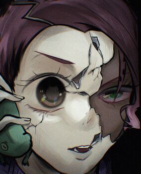 2boys animal boyoyoyooooonn brown_eyes crack cracked_kawaii_mask cracked_mask cracked_skin diavolo green_eyes holding holding_animal holding_frog jojo_no_kimyou_na_bouken male_focus multiple_boys open_mouth pink_hair portrait purple_sweater short_hair solo split_theme spotted_hair sweater teeth uneven_eyes vento_aureo vinegar_doppio