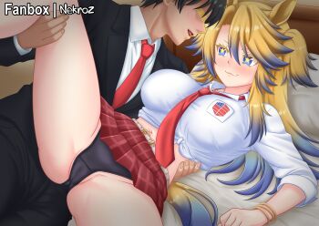 1boy 1girl :3 absurdres animal_ears bed belt black_hair black_jacket black_panties black_pants blazer blonde_hair blue_eyes blue_hair blush breasts cameltoe closed_mouth commentary commission crop_top english_commentary feet_out_of_frame gingham_clothes gingham_skirt gradient_hair hetero highres horse_ears horse_girl indoors jacket large_breasts leg_lift long_hair midriff multicolored_hair navel necktie nekroz7 obey_your_master_(umamusume) on_bed open_mouth paid_reward_available panties pants pixiv_commission red_necktie red_skirt shirt skirt smile spread_legs star-shaped_pupils star_(symbol) studded_belt symbol-shaped_pupils t-head_trainer_(umamusume) trainer_(umamusume) two_side_up umamusume umamusume:_cinderella_gray underwear white_belt white_shirt