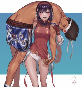 1boy 1girl asamiya_athena ass ball_busting bdsm bow bow_panties breasts butt_crack carrying carrying_person cbt commission crotch_seam defeat femdom headband highres joe_higashi medium_breasts mixed-sex_combat murasaki-sin panties pixiv_commission purple_eyes purple_hair red_bow red_shirt shirt short_hair smile squeezing_testicles testicles the_king_of_fighters underwear white_panties