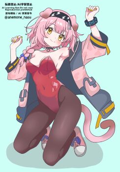 1girl absurdres animal_ears arknights arm_up armpits black_choker black_hairband black_jacket blue_background blush bow braid breasts brown_pantyhose choker closed_mouth commentary_request covered_navel eggplant7217 fingernails full_body goldenglow_(arknights) hair_bow hairband hand_up highres infection_monitor_(arknights) jacket kneeling leotard looking_at_viewer medium_breasts medium_hair nail_polish pantyhose partial_commentary pink_hair pink_jacket pink_tail playboy_bunny purple_bow red_leotard simple_background smile solo strapless strapless_leotard tail twitter_username watermark yellow_eyes yellow_nails