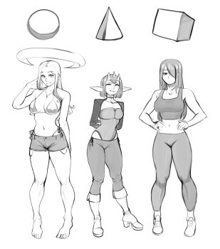 Rule 34 | 3girls, absurdres, bare shoulders, bikini, bikini bottom under shorts, bikini under clothes, boots, breasts, chloe (telepurte), choker, closed eyes, commentary, cone (geometry), cross, cross pendant, cube, demon girl, english commentary, full body, greyscale, hair over one eye, halo, high heel boots, high heels, highres, horns, jewelry, leotard, long hair, medium breasts, midriff, monochrome, multiple girls, navel, necklace, nila (telepurte), orb, original, pants, pointy ears, shoes, short hair, shorts, shrug (clothing), side-tie bikini bottom, sneakers, swimsuit, tank top, telepurte, white background, zoey (telepurte)