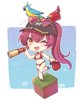 1girl a-ka animal animal_on_head bikini bird bird_on_head black_hat breasts chibi earrings eyewear_on_head fang gold_earrings gold_necklace hat heart heart-shaped_eyewear heart_earrings heart_necklace highres holding holding_telescope hololive houshou_marine houshou_marine_(summer) jewelry long_hair looking_at_viewer medium_breasts navel necklace official_alternate_costume official_alternate_hairstyle on_head one_eye_closed parrot parrot_(minecraft) ponytail red_bikini smile solo spyglass sunglasses swimsuit telescope thigh_strap very_long_hair virtual_youtuber yellow_eyes