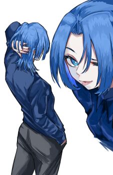 Rule 34 | 1girl, absurdres, black pants, blue eyes, blue hair, blue shirt, collared shirt, handa vega, highres, hiodoshi ao, hiodoshi ao (1st costume), hololive, hololive dev is, medium hair, multiple views, pants, shirt, simple background, virtual youtuber, white background, wolf cut
