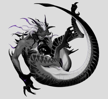 Rule 34 | 1boy, animal feet, claws, colored skin, commentary request, full body, grey background, grey horns, grey skin, grin, horns, lin yue, long hair, male focus, monster boy, original, purple hair, sharp teeth, simple background, smile, solo, tail, teeth, white hair