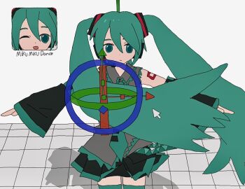 1girl aqua_eyes aqua_hair aqua_necktie black_skirt black_sleeves cursor detached_sleeves grey_shirt hatsune_miku headset highres kousou_(vanilla_rkgk) long_hair mikumikudance necktie number_tattoo pleated_skirt shirt skirt solo t-pose tattoo twintails user_interface very_long_hair vocaloid white_background xyz_axis