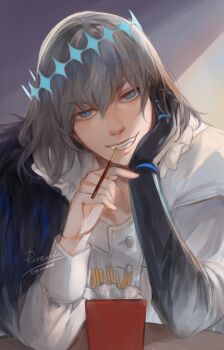 1boy blue_eyes commentary english_commentary fangs fate/grand_order fate_(series) food food_in_mouth grey_hair grin highres long_sleeves looking_at_viewer male_focus oberon_(fate) oberon_(third_ascension)_(fate) pocky pocky_day renrenka_noi shirt short_hair smile solo upper_body white_shirt