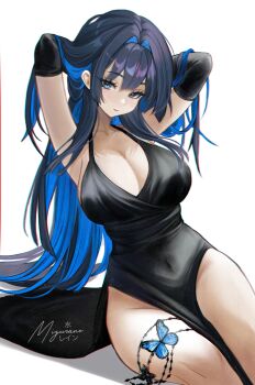 1girl alternate_costume black_dress black_hair blue_butterfly blue_eyes blue_hair breasts bug butterfly butterfly_ornament cleavage closed_mouth colored_inner_hair commentary covered_navel dress evening_gown hair_intakes highres hololive hololive_english insect large_breasts long_hair mizurane multicolored_hair ouro_kronii simple_background solo symbol-only_commentary two-tone_hair virtual_youtuber white_background